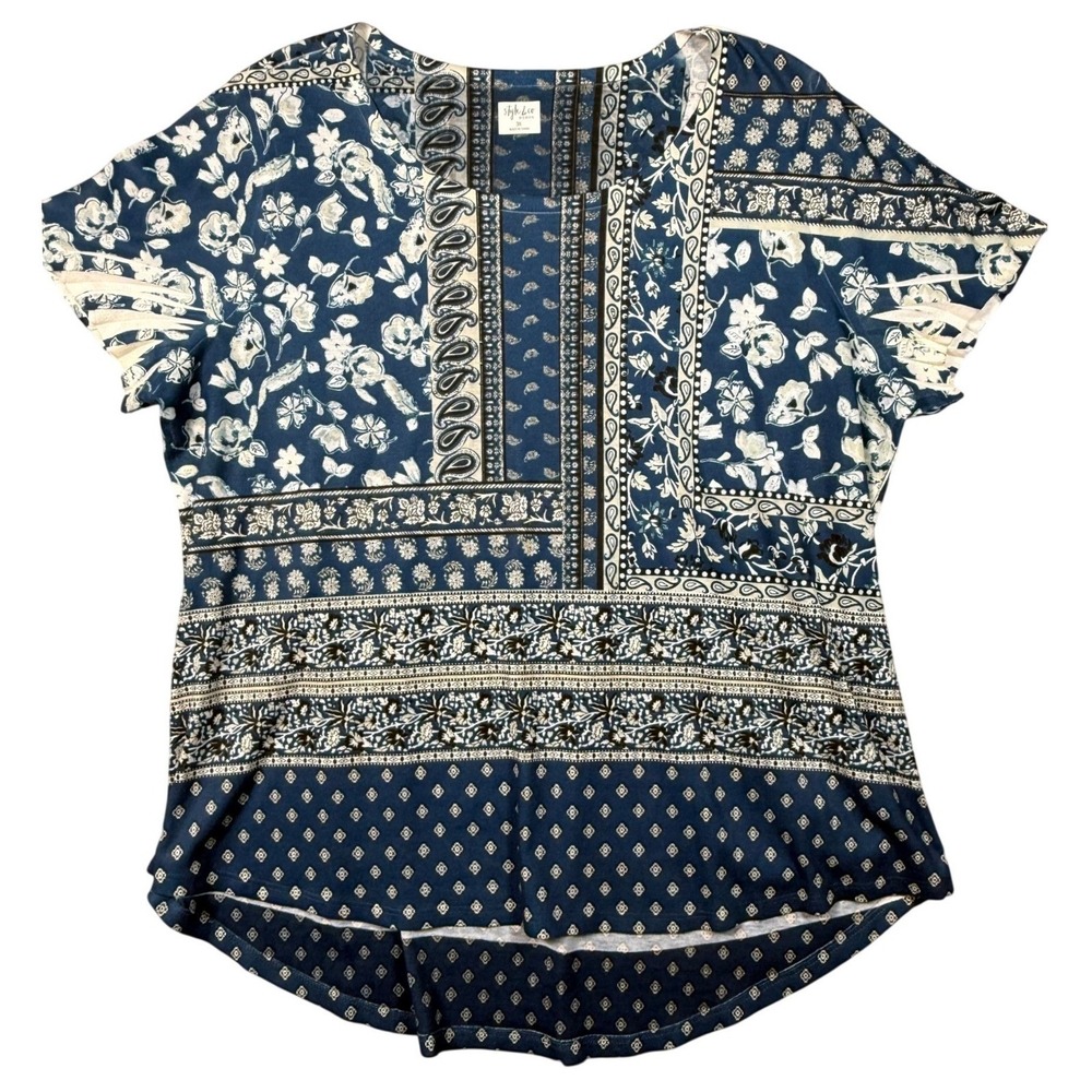 Style & Co Woman Blue Mixed Patchwork Paisley Floral‎ Studded Top 3X Plus Size